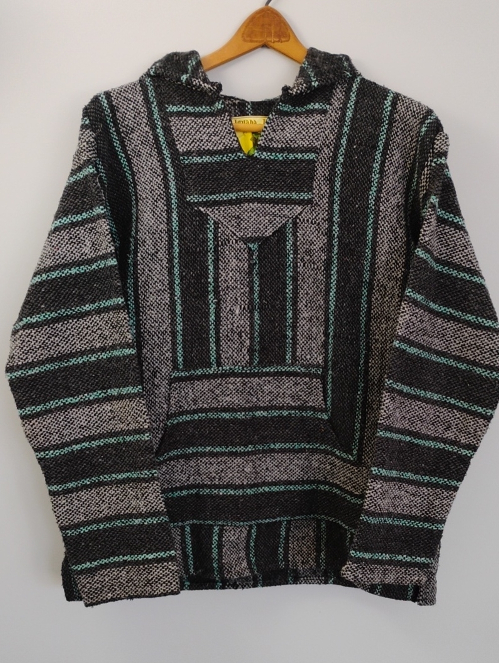Vintage Iguana Jack Baja Jerga Hoodie Black Gray Teal Striped Good Condition - M
